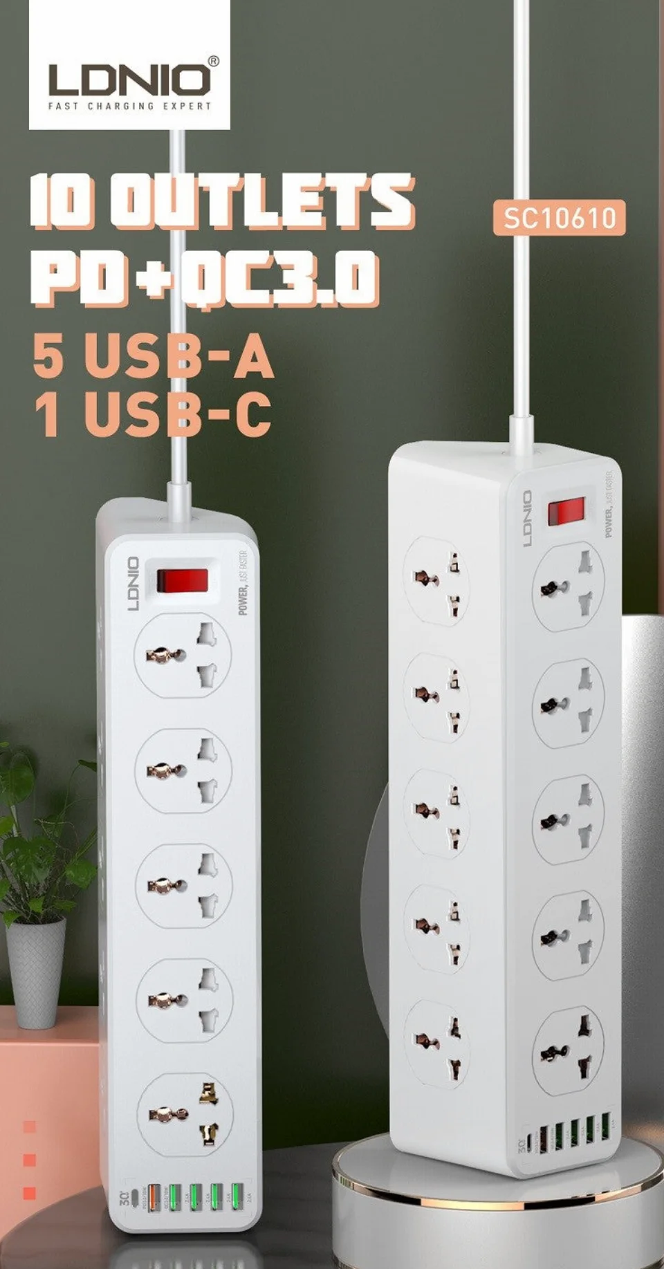 Rallonge Multiprise 2M Câble 6 Prise + 4 USB LDNIO SE6403 - imychic