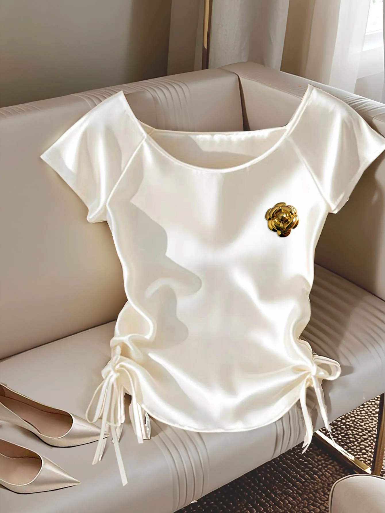 Chic Luxury White Satin Shirt Gold Flower Brooch Detail Drawstring Side Ruched Casual Summer Blouse 6