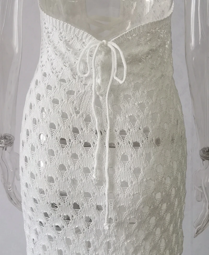 Women's Halter Neck Backless Lace-Up Long Slim Fit Knit Dress See-Through Crochet Beach Bikini Cover-Up Summer Swimwear 6