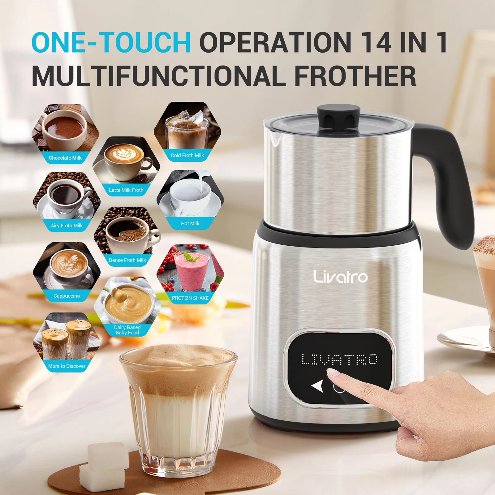 Electric Milk Frother, 14-in-1 Milk Frother and Steamer, Dual Cups (20.3oz & 13.5oz), Automatic Foam Maker & Milk Warmer 2