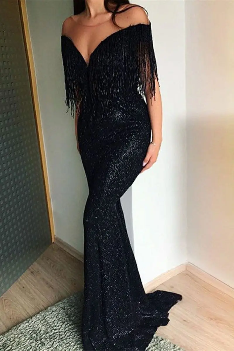 

Black Mermaid Prom Dresses 2023 New Tassele O Neck Sequines Formal Occsion Evening Party Gowns Dress