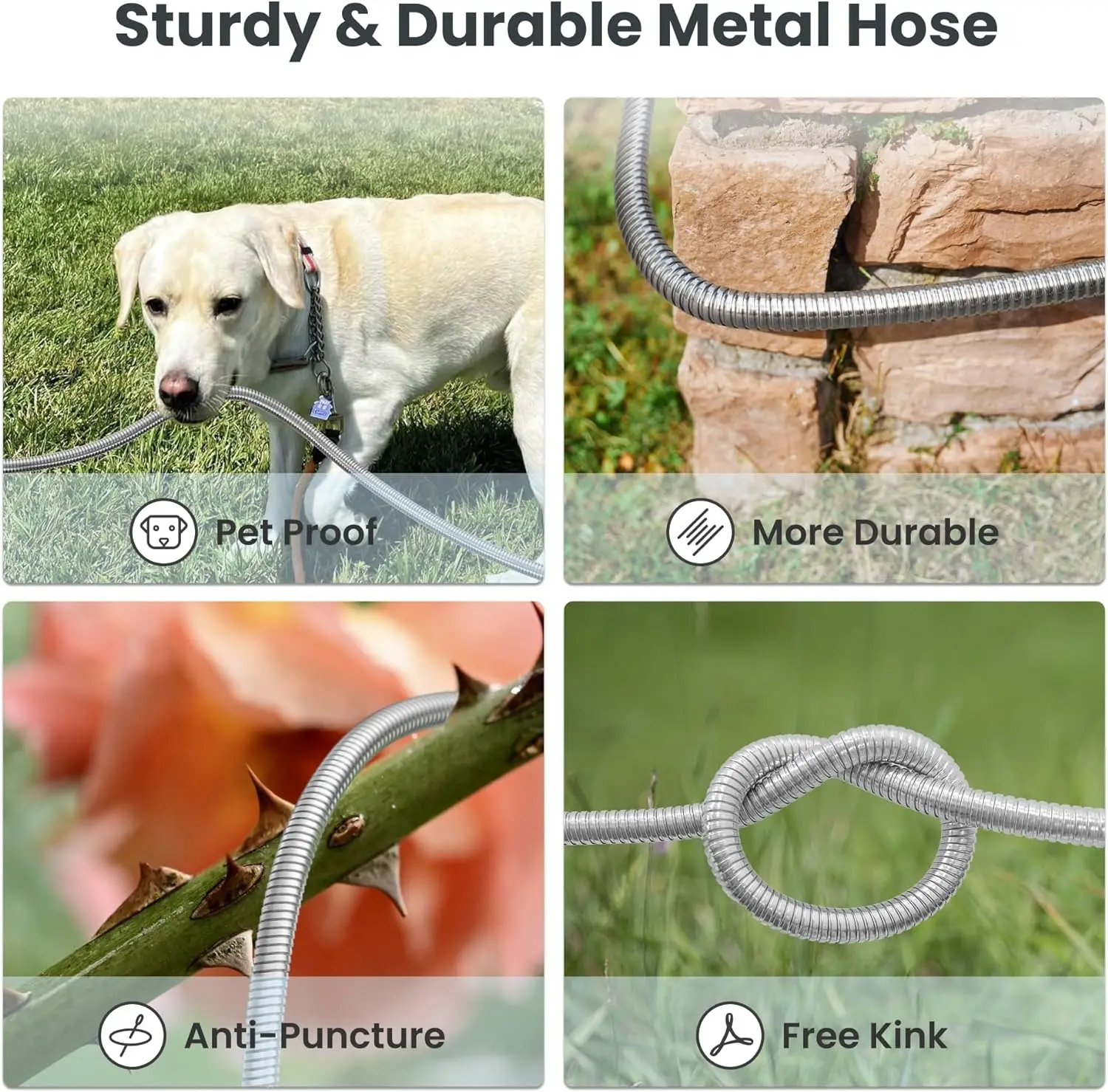 Giraffe Tools 5/8" Garden Hose, 304 Stainless Steel Metal Water Hose, No Kink Garden Water Hose with 9 Pattern Spray Nozzle 5