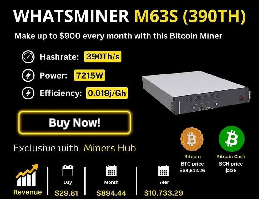 

WHATSMINER M63S 390TH/s 7215W
