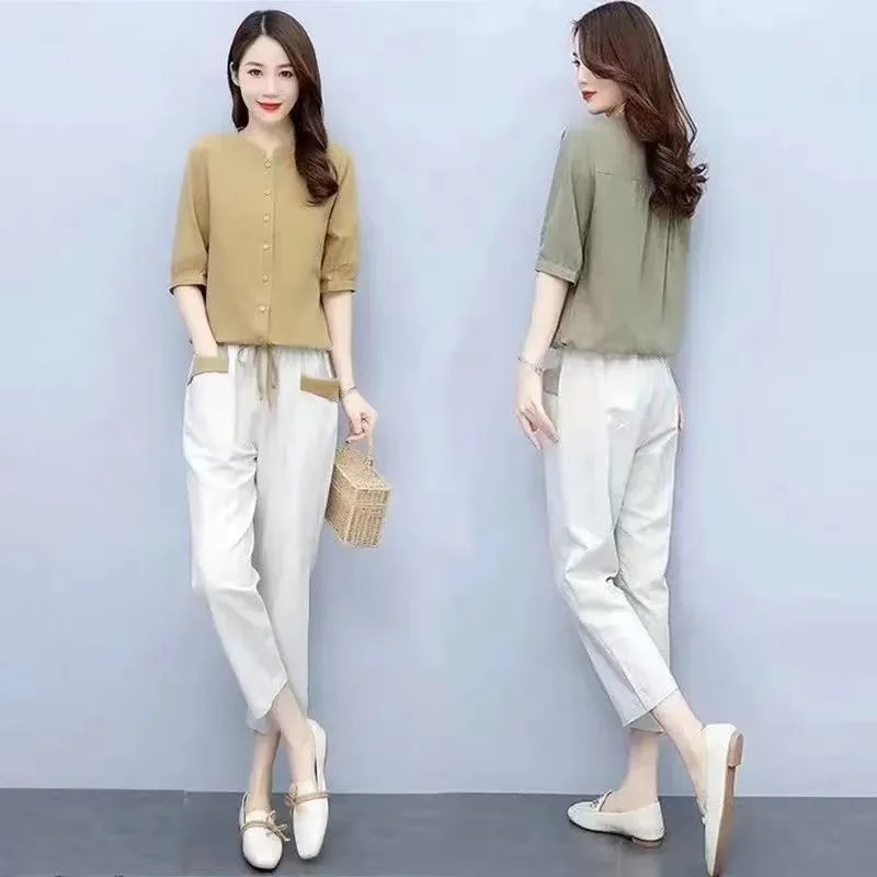 Sports Wear Set Spring Two Piece Linen Women Sets Elegant O Neck Top Shirt and Drawstring Casual Vintage Pocket Harajuku