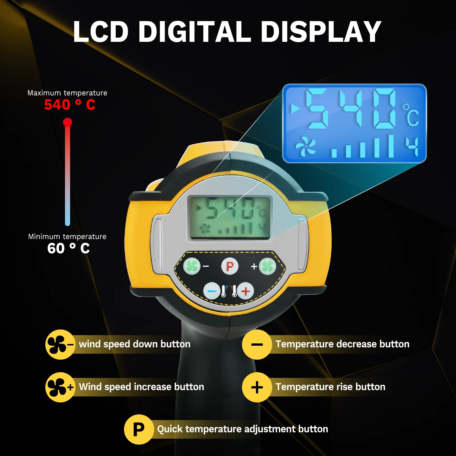 300W Cordless Heat Gun 60℃-540℃ Fast Heating Hot Air Gun DIY Crafts with LCD Dig