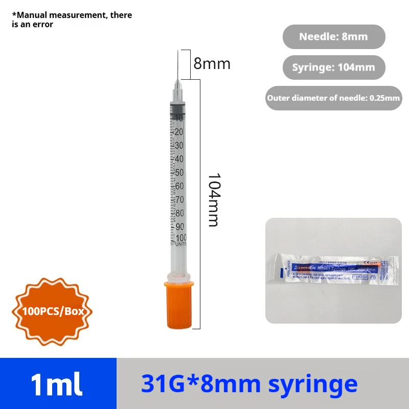 100pcs/box 1ml Sterile Disposable Syringes with 31Ga 8mm Needle, Individually Wrapped for Lab Measuring Tool Pet Feeding