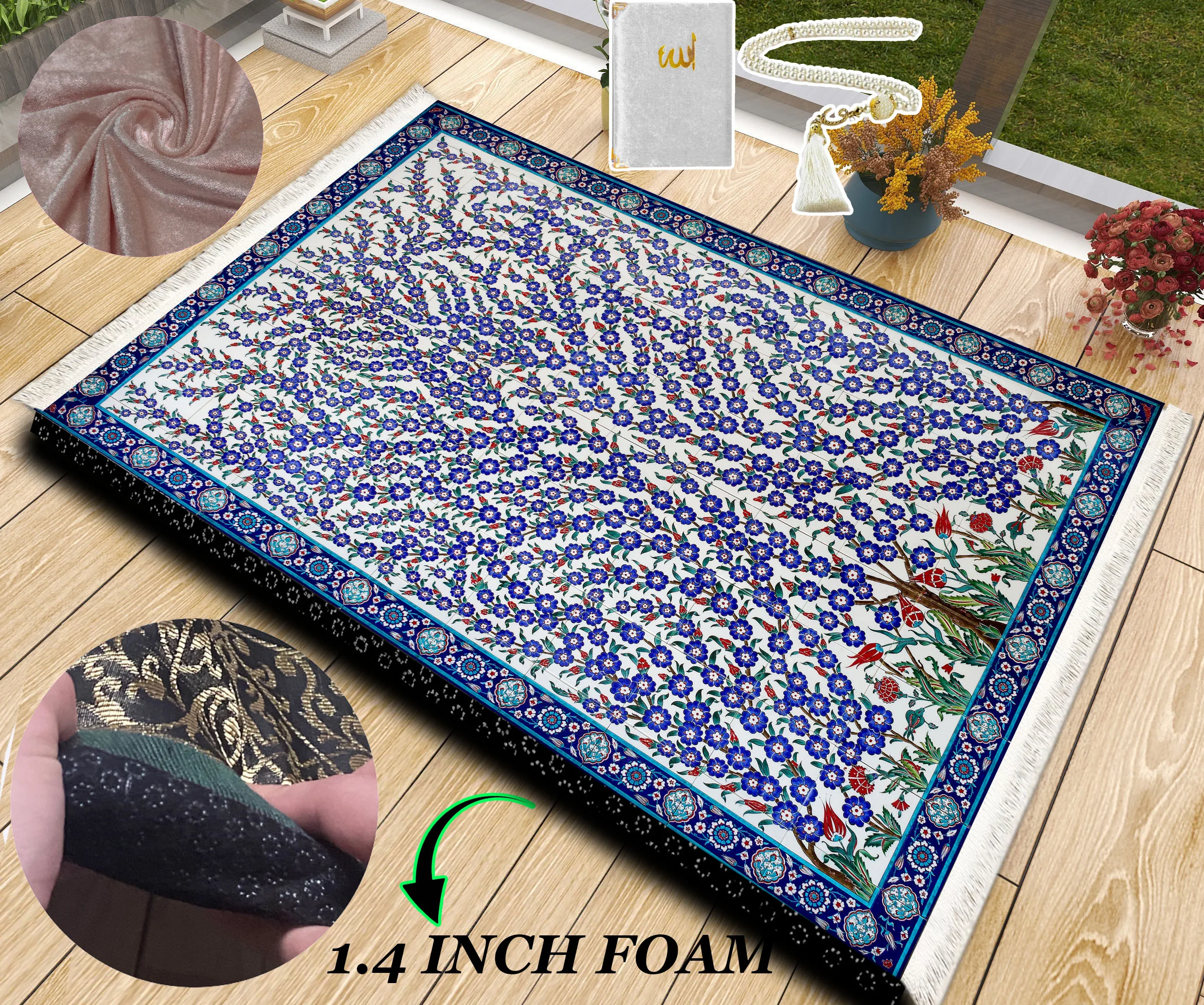 

Extra Thick Foam Padded Turkish Tile Vintage Art Prayer Rug, Yaseen, Soft Praying Mat Carpet & Pearl Tasbeeh, İslamic Gift Set