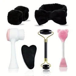 Luxury 7 - Piece Facial Care Collection: Ultimate Skin Cleansing Set with Headband, Wristband, Face Brush, Roller, and More (Black)