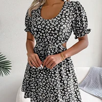 2023 New Casual Short Sleeve Square Neck Lace-up Dress Retro Women Floral Printed Mini Dress Ladies Fashion Slim Office Dresses - Image 4