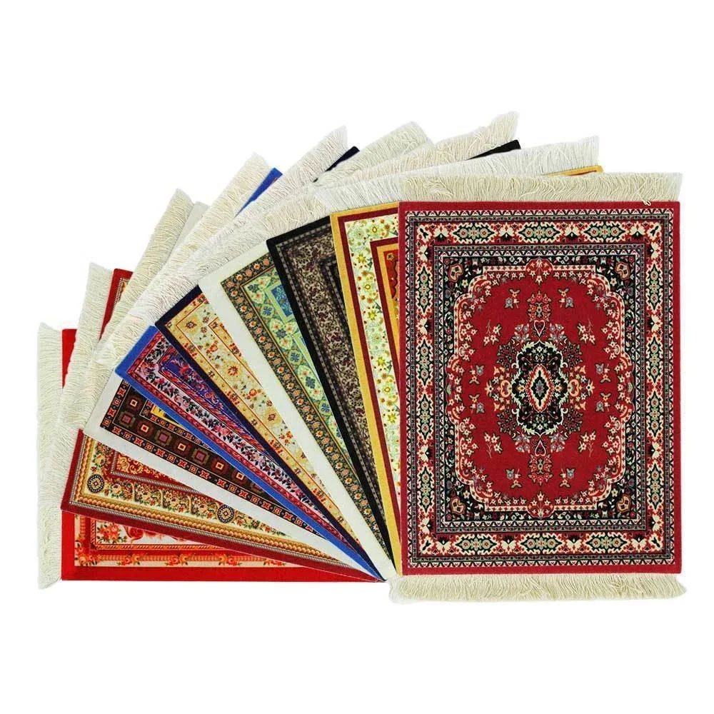 Persian Mini Woven Rug Mat Mousepad Retro Style Carpet Pattern Cup laptop PC Mouse Pad with Fring Home Office Table Decor Craft 1