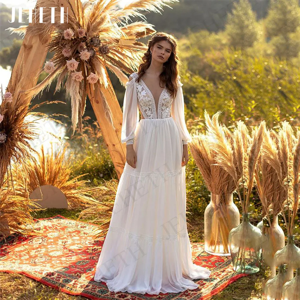 

JEHETH Wedding Dresses Boho Long Sleeves Women Backless Elegant Lace A Line Beach Bride Gown Appliques Chiffon Vestidos De Novia