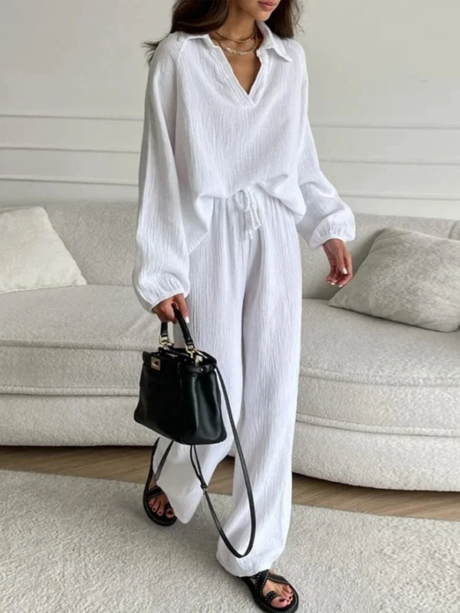 Ladies Blouse Shirt Tops Pants Sets Loose Casual Female Women Long Sleeve Tracksuits Streetwear Elastic Waist Two-Piece Outfits
