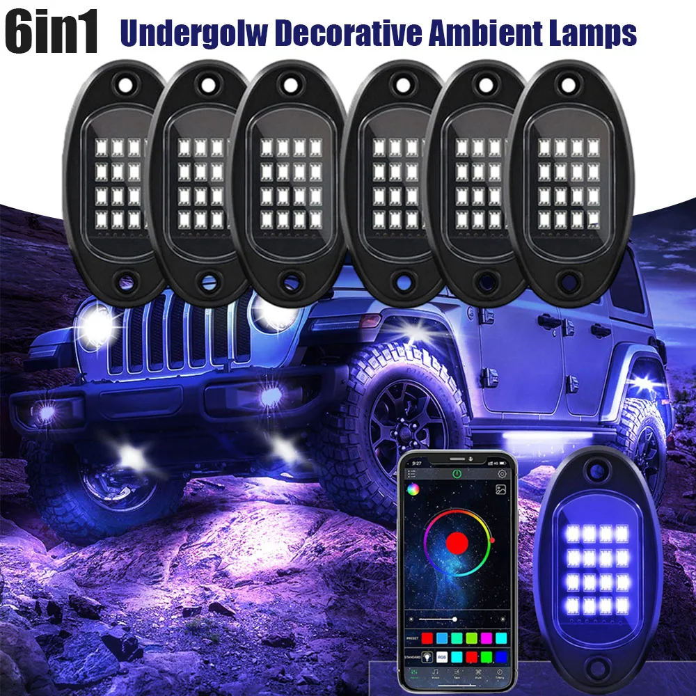 

6in1 RGB LED Light High-Brightness Underglow Bottom Neon Music APP Multi-Color Chassis Lamp Universal for Motorcycle Car Jeep