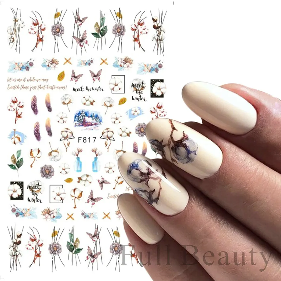 Cotton 3D Christmas Nail Sticker Blue Elk Birds Designs Transfer Sliders Christmas Tree Butterfly Winter Decal Decoration NFF817