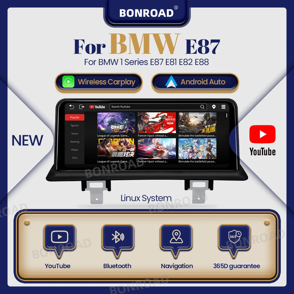 Radio para coche BONROAD con YouTube, reproductor Multimedia inalámbrico CarPlay GPS para BMW Serie 1 E87 E81 E82 E88, pantalla táctil 1