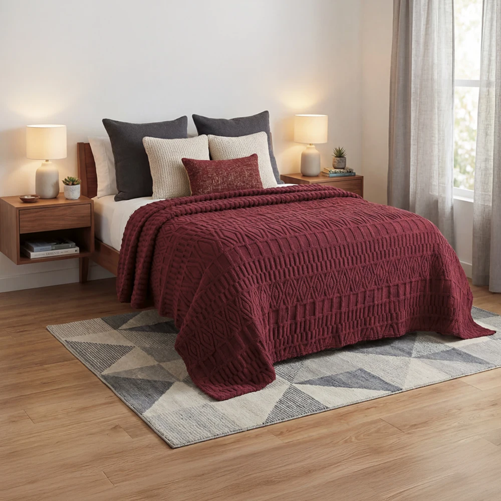 Cobertor Texturizado 3D Ginger, Color Vino, Flannel Jacquard, Extra suave y calientito, Marca Elefantito Hogar