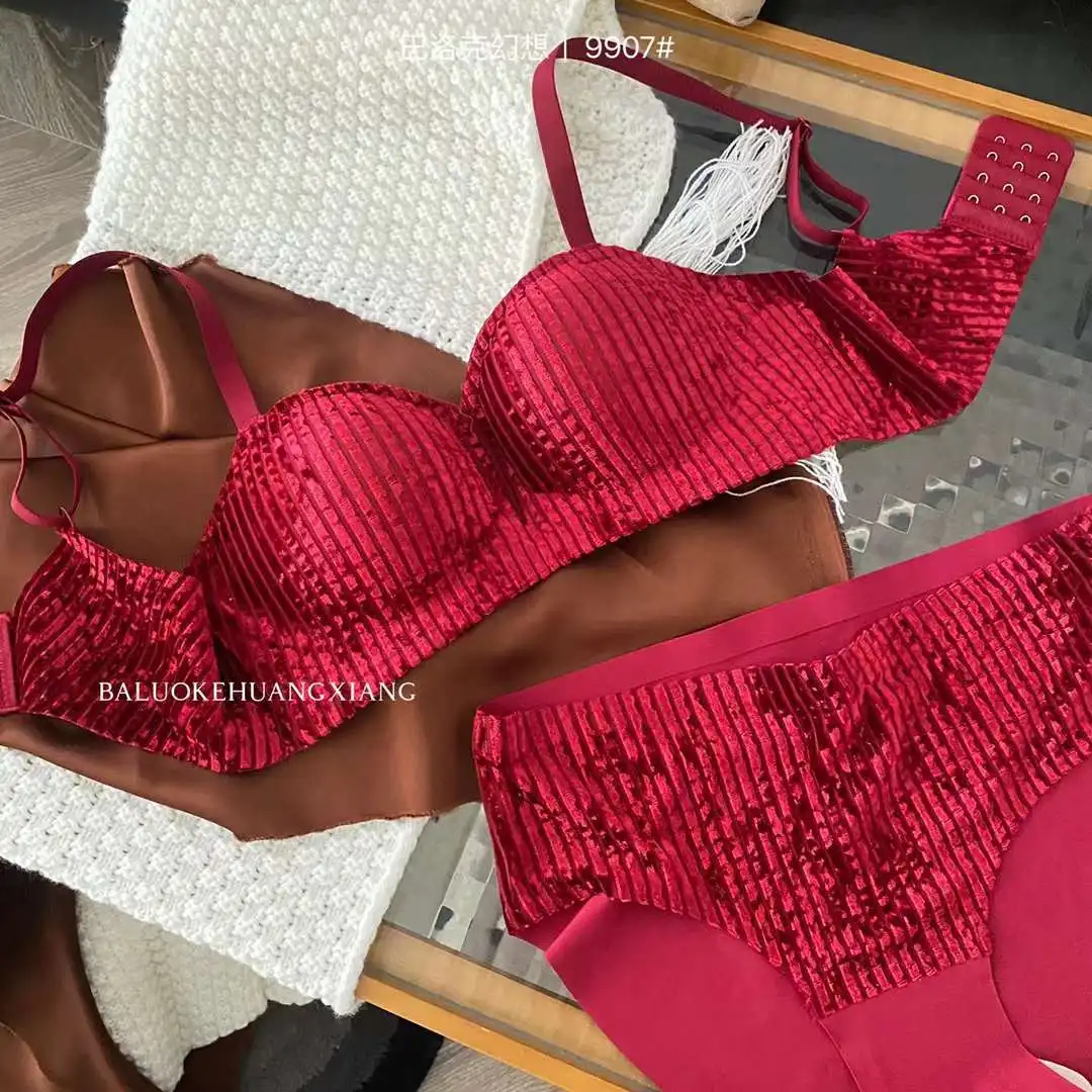 Velvet wedding bralette no steel ring gathered small chest fixed cup seamless underwear bra set for women breathable lingerie