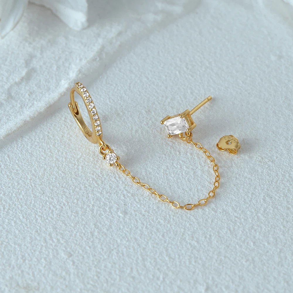 Aide Real 925 Sterling Silver Gold Chain Hoop Stub Piercing Earring For Women Block Clear Zircon Find Jewelry Wedding Party Gift,silver earrings,silver stud earrings,silver hoop earrings,womens earrings