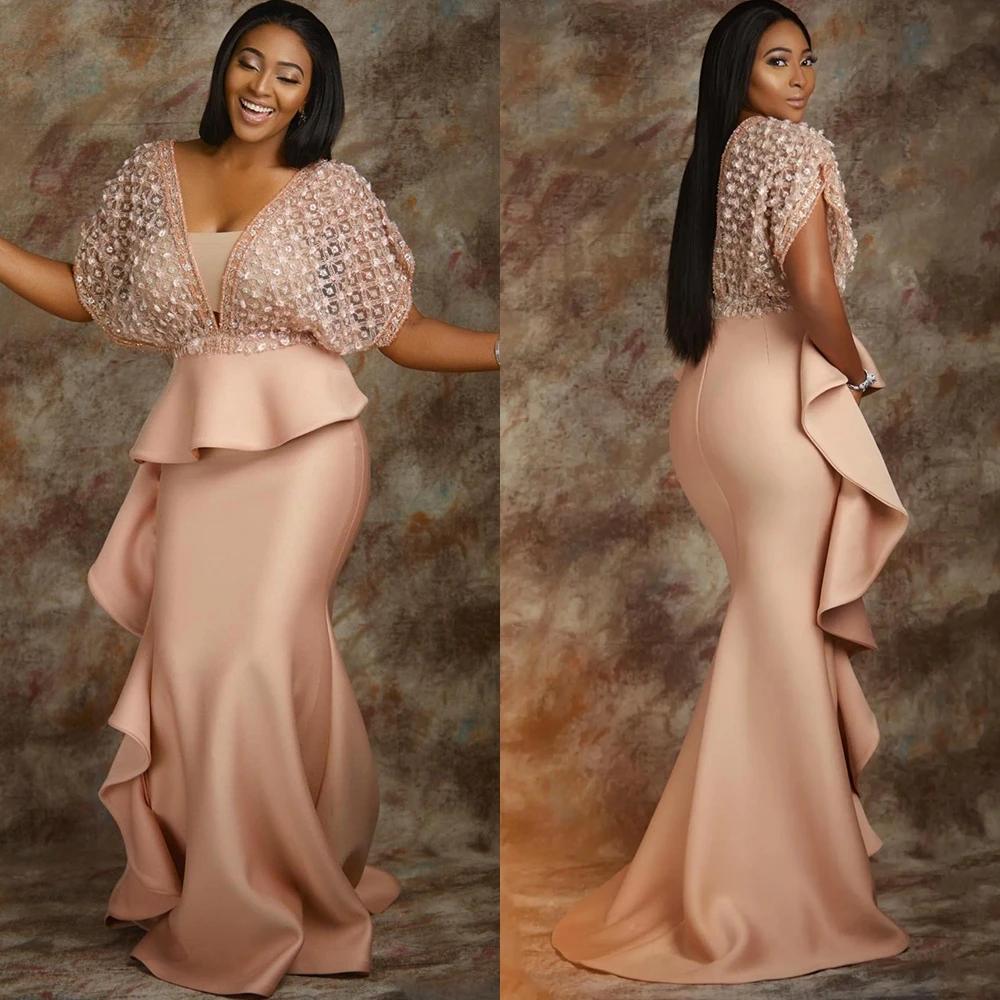 

15704# Luxury Ruffles Satin Deep V Neck Mermaid Evening Dress Beaded Lace Party Formal Prom Gown For Plus Size Women