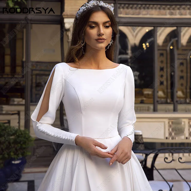 RODDRSYA Simple Satin Wedding Dresses For Women Elegant Long Sleeves Bride Dress A-Line vestidos de novia boda civil Custom Made