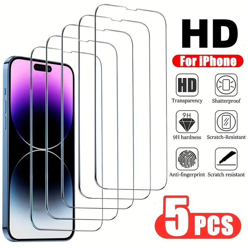 

5Pcs Tempered Glass for IPhone 14 13 12 11 Pro Max Screen Protector for IPhone 12Mini 13Mini 7 8 15 Plus SE X XS XR 14Pro Glass