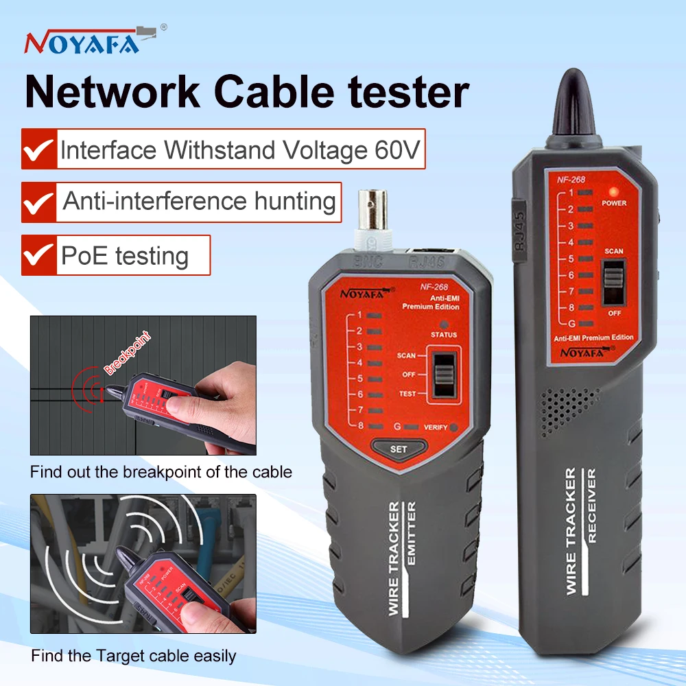 

Noyafa NF-268 Network Cable Tester STP/UTP Cable Tracker Support Continuity Test Wire Tracer with Locate Fault Distance