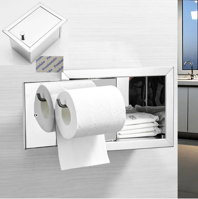 1Piece 304 Stainless Steel Toilet Rolls Paper Holder Rectangle Conceal Wall Embedded Recessed Shiny Polished Matte Black