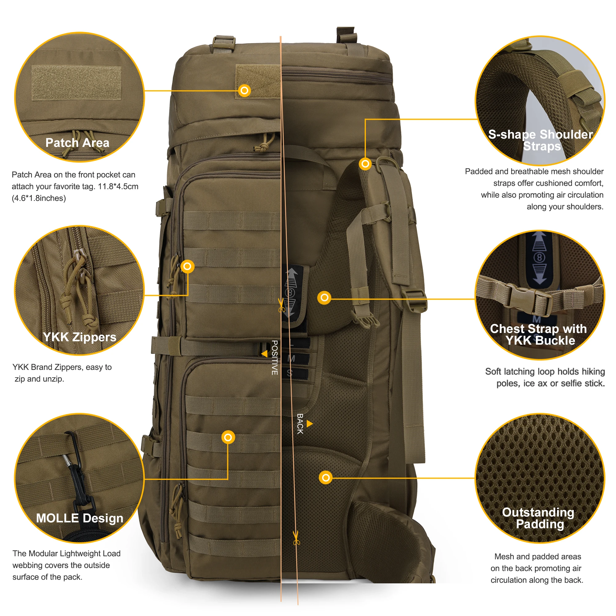 Mardingtop 75L Molle Hiking Internal Frame Backpack with Rain Cover for Camping Bushcraft Military