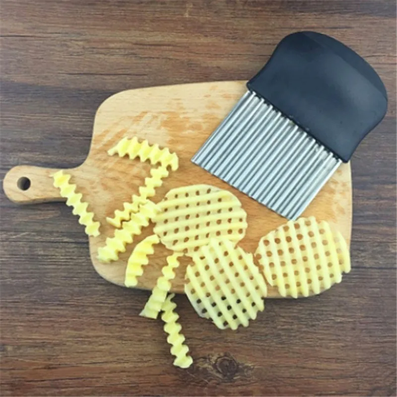 2Pcs Stainless Steel Potato Chip Slicer Dough Vegetable Fruit Crinkle Wavy Slicer Knife Potato Cutter Chopper French Fry Maker