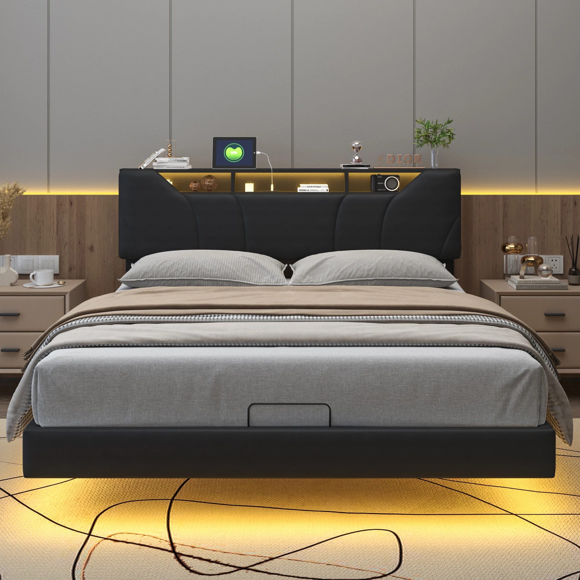 Rosahqnda Padded Double Bed frame 140-160*200 cm Adjustable Storage Headboard Hydraulic Storage bed PU