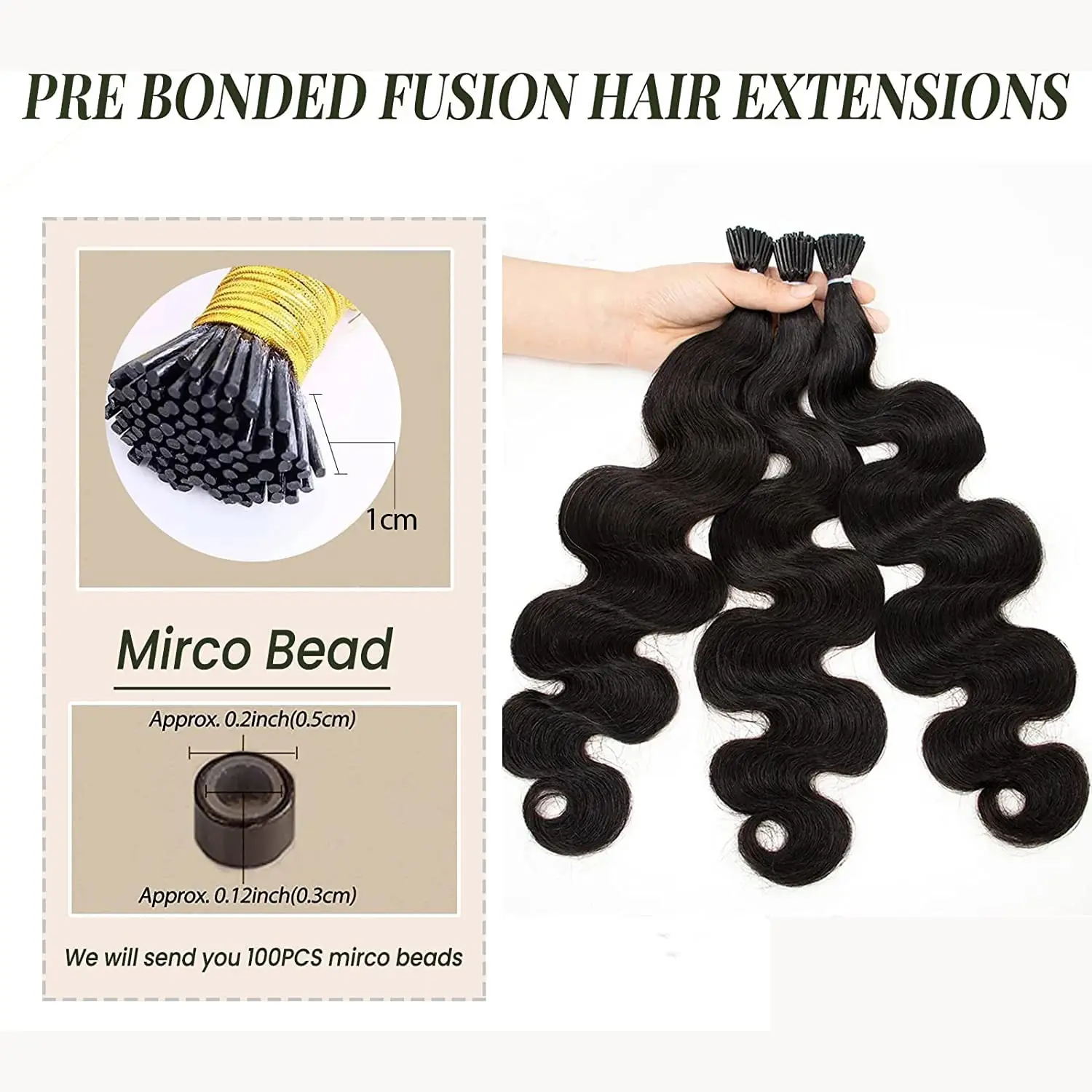Body Wave I Tip Hair Bundles 16-26 Inch Human Hair Extensions Real 100% Brazilian Virgin Women 50 Gram Package Black #1B