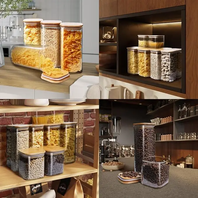 5-Piece Square Glass Canister Set - Bamboo Airtight Lids for Pasta/Cereal/Flour (Multi-Size Pantry Storage) 6
