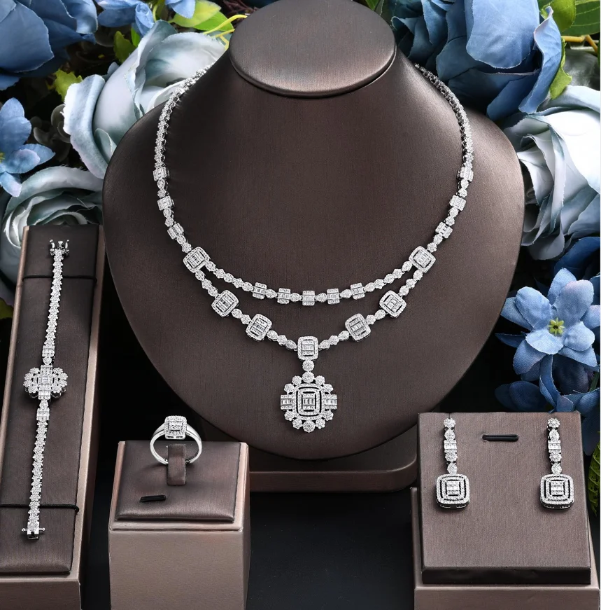 

Luxury Big 4 pcs Jewelry Set With Cubic Zirconia for Women Bridal Party Wedding Accessories Saudi Arabic Dubai