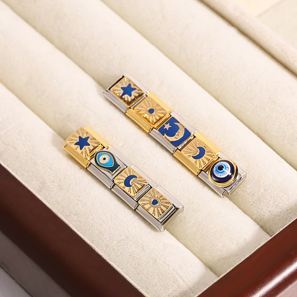 Trendy Stars Moon Sun Blue Lucky Eyes Italian Charm Links DIY Stainless Steel Chain Bracelet For Women Men Jewelry Making Gift 3