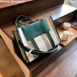 Quality Canvas Shoulder Tote Bags For Women 2023 Branded Luxury Handbags Hit Color Striped Crossbody Bag Large Capacity Shoppers