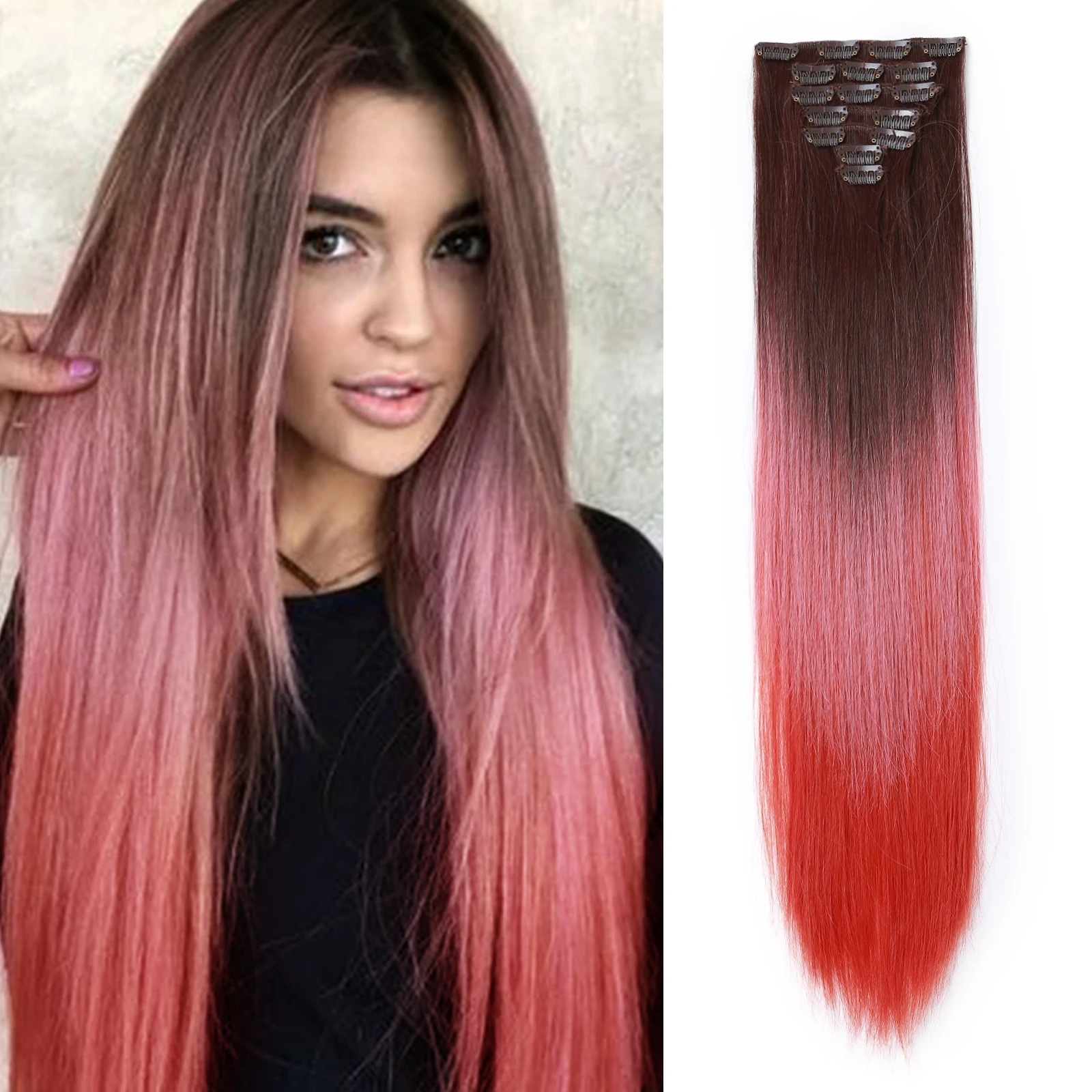 

HAIRCUBE Synthetic 16 Clips in Hair Extensions Long Straight Brown Pink Red Ombre Hairpieces Heat Resistant False Hair for Women