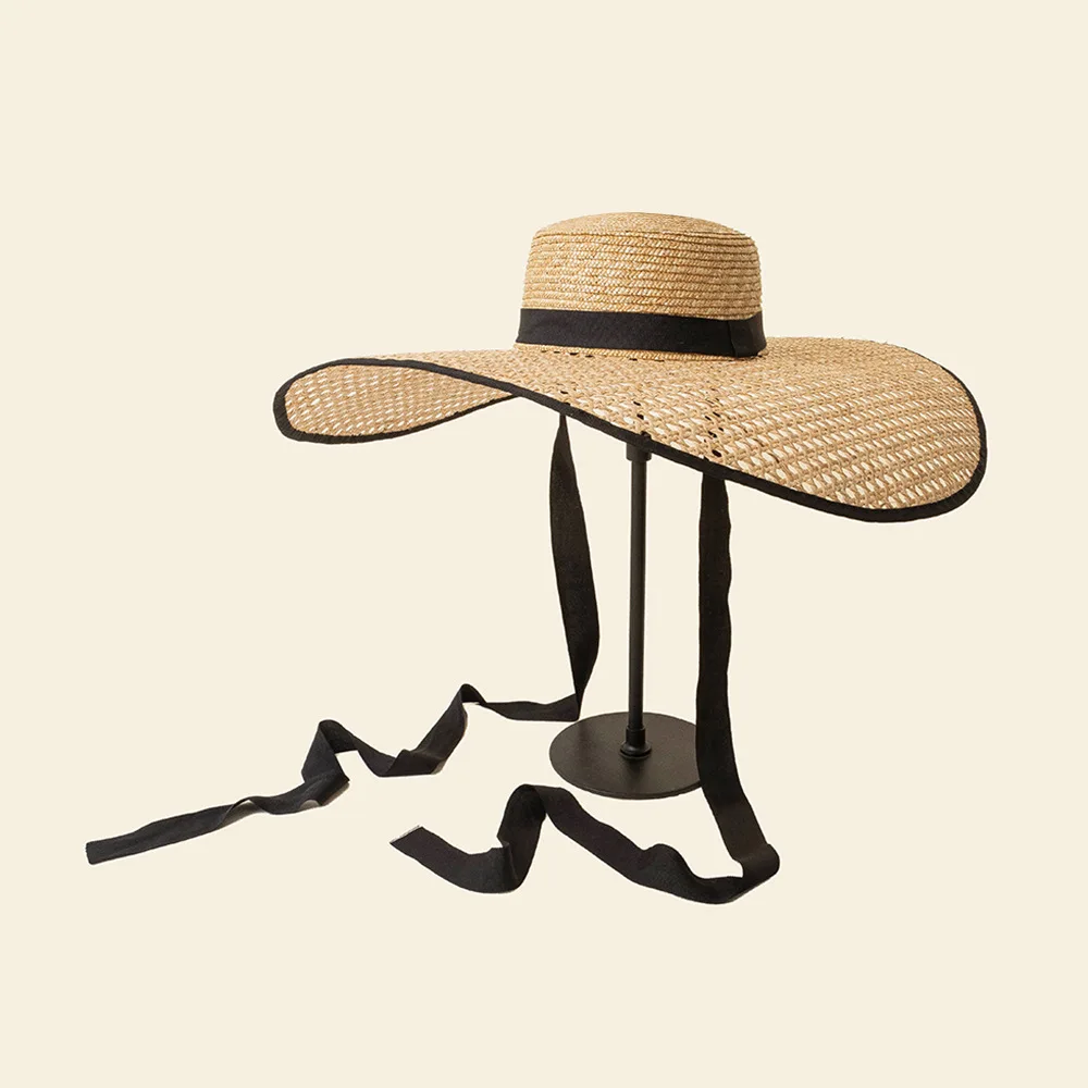 

Desiger Summer Straw Hats Hand Waving 18cm Large Brim Sun Hat Lady Ribbon Lace Beach Hat Beige Boater Kentucky Derby Show Hat