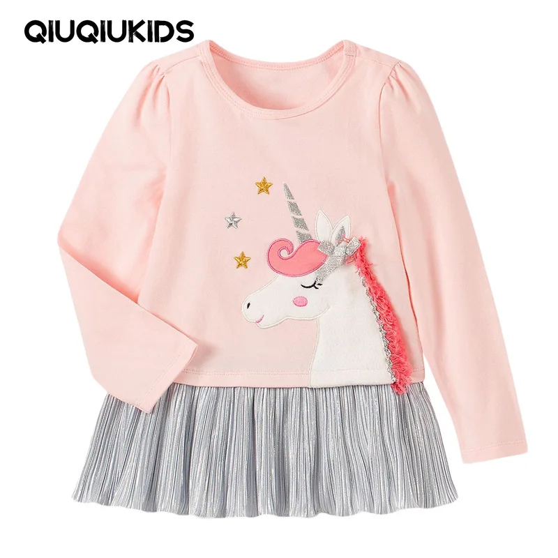 

Girls Dresses Unicorn Applique Autumn Spring Children's Party Girls Clothing Long Sleeve Floral Kids Frocks