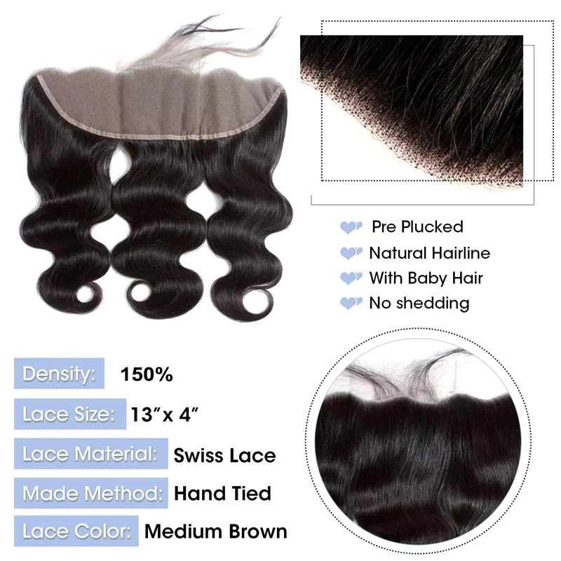 Body Wave Human Hair Bundles with Frontal Brazilian Hair 3 Bundles with 13x4 Lace Frontal 100% Natural Human Bundle
