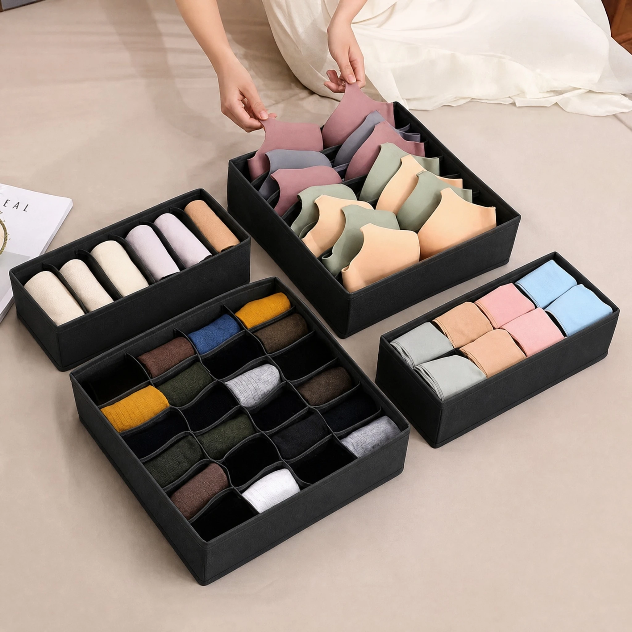 Organizzatore per cassetti del comodino, organizer per biancheria intima, organizer per vestiti nel guardaroba, scatole per la conservazione di calzini, reggiseni e abbigliamento, organizer per pantaloni e calzini. - immagine 4