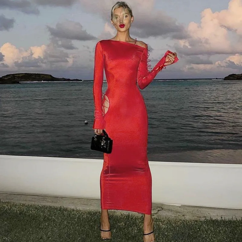 

Hot Sexy Side Bandage Lace Up Red Long Sleeve Maxi Dress Elegant Outfits For Women Club Party Long Dresses Vestido