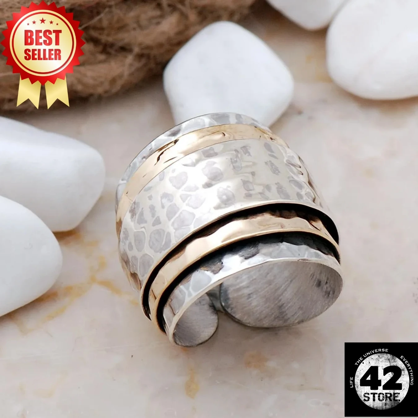 Hammer forged handcrafted adjustable Unisex silver ring