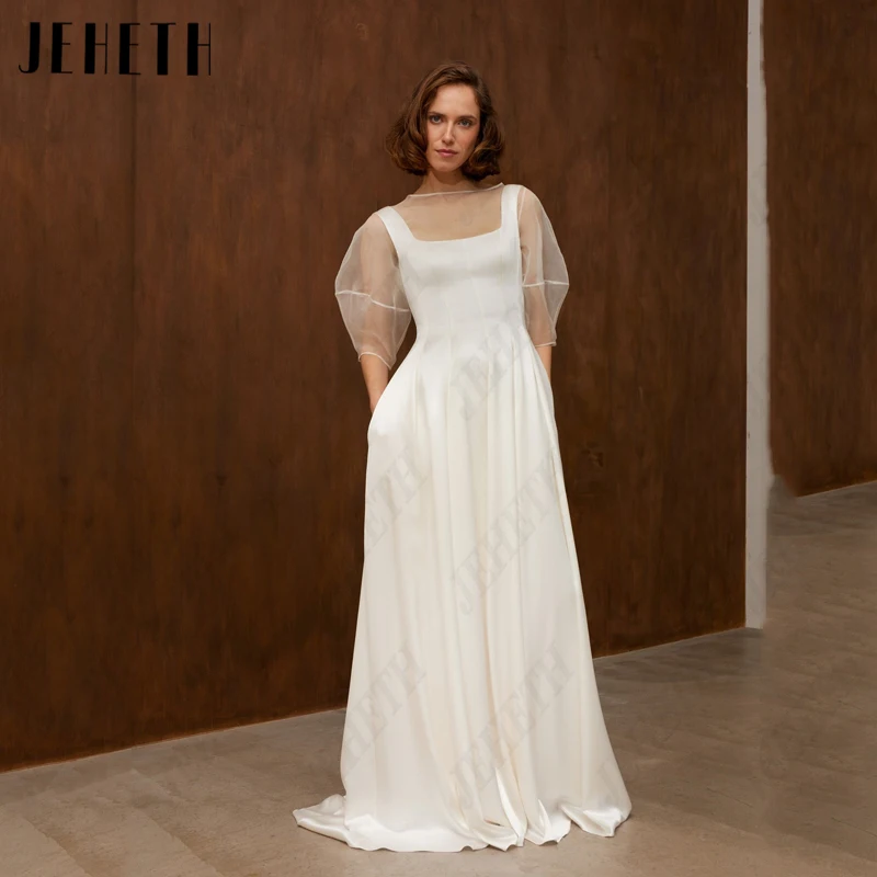 

JEHETH Lantern Sleeve Button Wedding Dresses For Women A-Line Scoop Neck Bridal Gowns Vintage Satin Vestidos De Novia Illusion