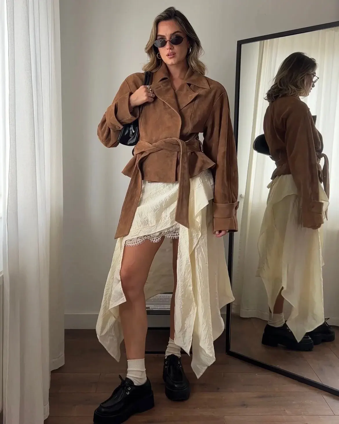 Vintage Suede Bomber Jacket With Belt Women Casual Brown Double Breasted Jackets Lapel Coat Basic Outwears Autumn Winter Fashion photo review