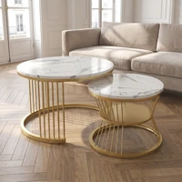 Ensemble de tables basses rondes Superaly en 2 pièces, plateau en texture marbre et structure en métal doré, table d'appoint gain de place pour le salon 1
