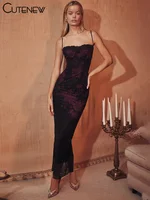 Cutenew – Robe longue en dentelle rouge, imprimé Floral, bretelles de poitrine, Sexy, dos nu, Slim, élégante, pour dames, Clubwear 2