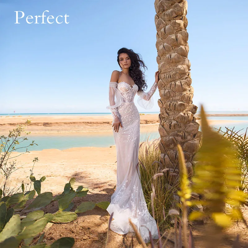 

PERFECT Mermaid Elegant Wedding Dress Spaghetti Straps Sweetheart Removable Sleeve Appliques Lace Up Back Tulle Robe De Mariee