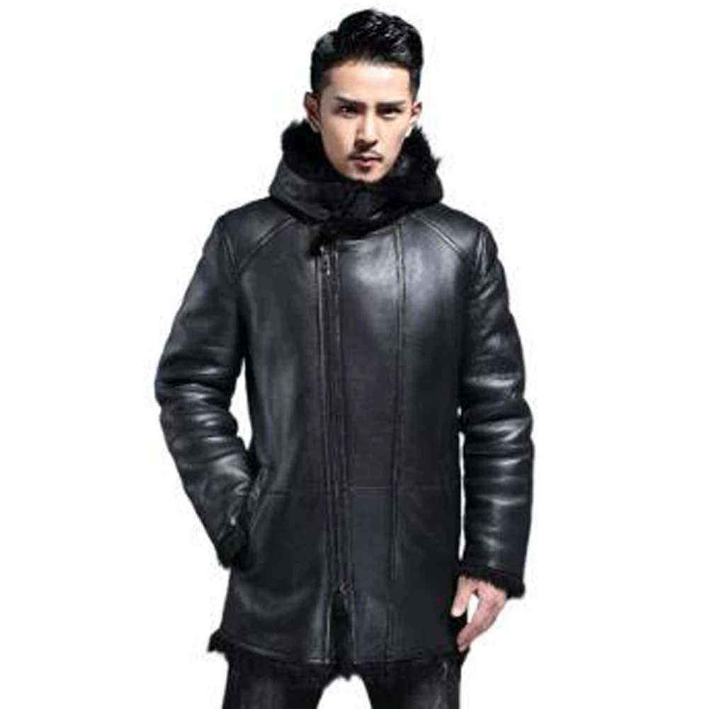 Denny&Dora Men'S Shearling Sheepskin Coat Real Fur Mens Coats Black Hooded Leather Coat real sheepskin leather jacket winter warm shearling coat men 8 patches bomber flight jacketsнатуральная шуба овчина asian size