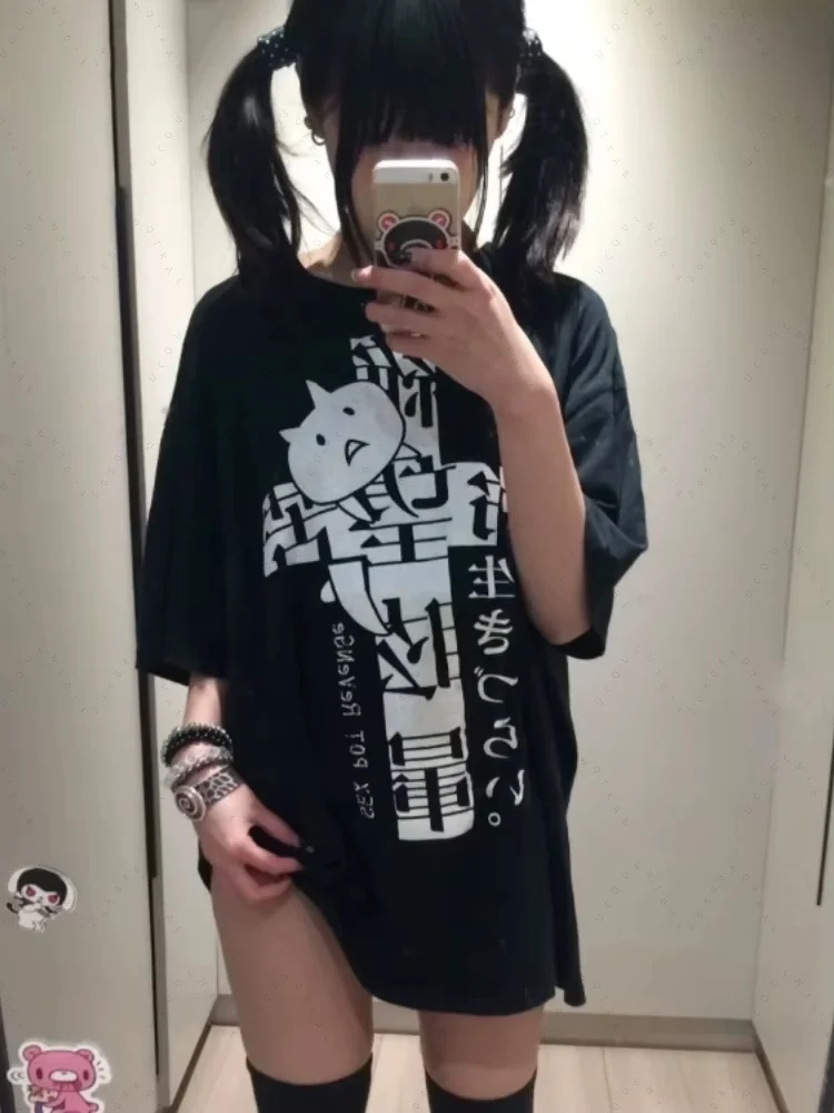 Y2K 여성 하라주쿠 코튼 티셔츠 프린트 반팔 캐주얼 티셔츠 패션 일본 카미세타스 로파 무헤르 여름 가을 오버사이즈 탑 - AliExpress