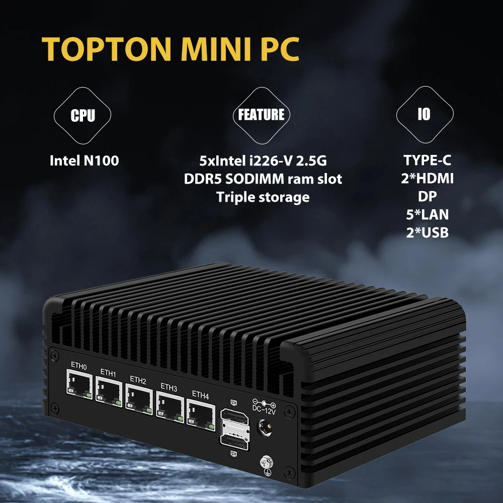 

Powerful 5xi226-V Firewall Appliance 2.5G Router 12th Gen Intel N100 DDR5 2*NVMe 2*SATA3.0 Fanless Mini PC ESXi Proxmox Host